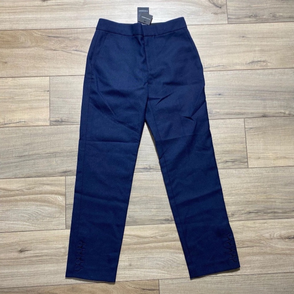 Club Monaco Women's Self Cover Button Pants Lined Tapered Leg Size 00 Navy Blue